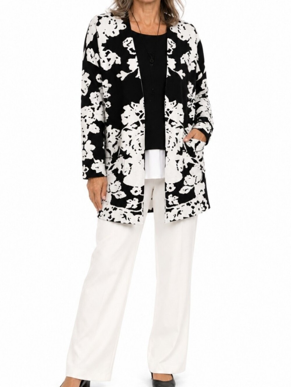 Cyrus Business Casual Medium Open Front Black White Floral Cardigan Artsy Chic